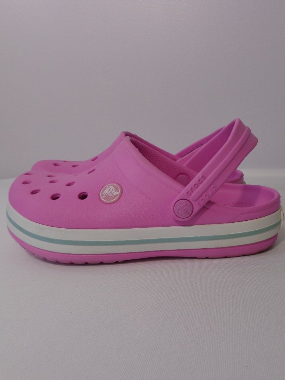 Crocs Crocband Pink Clogs with White and Light Blue Band Kids Size C 13